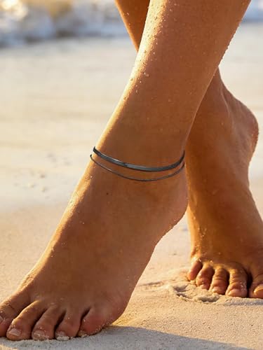 PROSTEEL Anklets for Women Waterproof, Silver/Gold/Black, Stainless Steel | Layered Anklets, Stainless Steel, Durable& No Tarnish, Summer Beach Jewelry, with Gift Box, 8-10.5" Adjustable, Plus Size - color: Black, size: Layer Snake