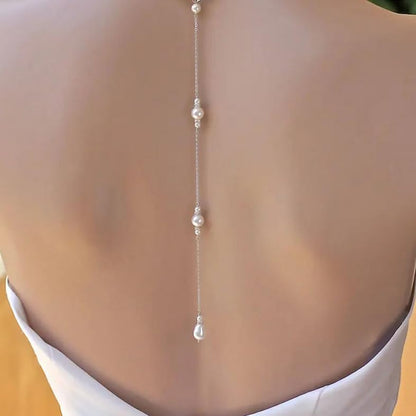 Elegant Pearl Back Chain Silver Crystal Back Drop Necklace Long Pearl Body Chain Wedding Backdrop Necklace Chain Summer Beach Body Jewelry for Women Backless Off-shoulder Dressing