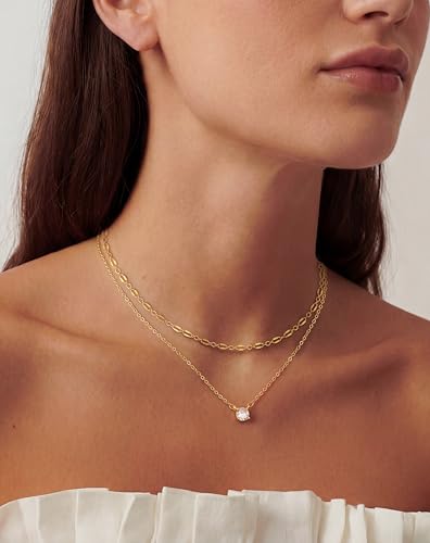 Tewiky Dainty 14k Gold Plated/Silver Cubic Zirconia Necklaces for Women, Simple CZ Jewelry Necklaces Trendy Gifts - color: Gold layered lace CZ