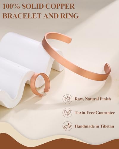 Pure Copper Bracelet and Ring Set – Copper Bracelet for Men & Women – 100% Solid, Raw & Uncoated Handmade Hammered Tibetan Cuff Bangle - color: copper024