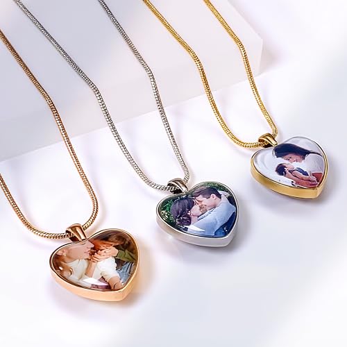 Farfume Personalized Photo Necklace for Women/Men, Memorial Jewelry Gifts | Holds 2 Pictures Pendant, Custom Engraved Text, Beautiful Locket for Girls, Durable Stainless Steel, Mothers Day Gifts - color: Heart Gold