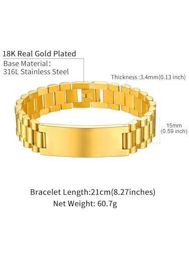 ChainsHouse Men Stainless Steel Bracelet Adjustable Custom ID Engraved Gift | Personalized Silver/Gold/Black for Birthday Father Husband Boyfriend with Gift Box Adjustable Tool 10mm/15mm/15.5mm 8.3"/8.7" - color: L.15mm Width-Gold-Text Custom