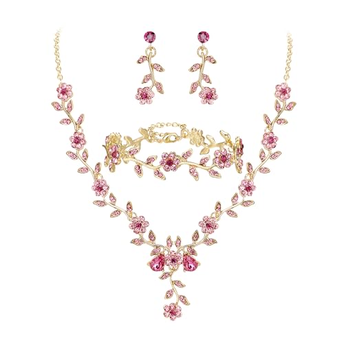 Women's Wedding Jewelry Set for Bride,Prom Bridal Accessories | Bling Crystal,Flower Leaf Cluster,Dangle Earrings Pendant Necklace Set,for Bridesmaid,Party Jewellery - color: 3Pcs-Pink Gold-Plated-Base