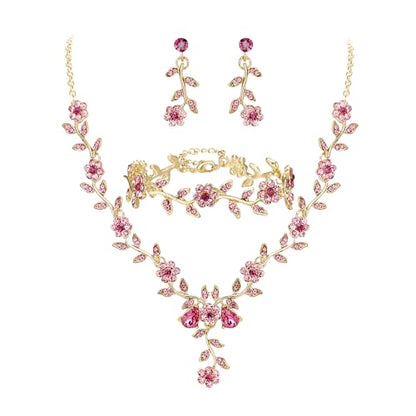 Women's Wedding Jewelry Set for Bride,Prom Bridal Accessories | Bling Crystal,Flower Leaf Cluster,Dangle Earrings Pendant Necklace Set,for Bridesmaid,Party Jewellery - color: 3Pcs-Pink Gold-Plated-Base