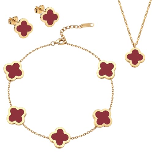 Clover Necklace Pendant Earring Bracelet Set | Designer Necklace Earring Bracelet Jewelry Set | Lovely Gift - color: Red