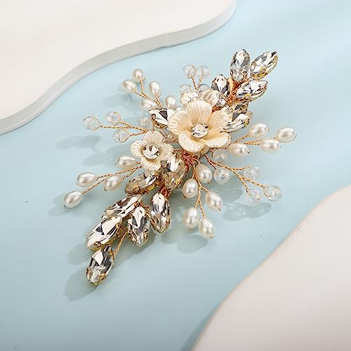 Xerling Gold Rhinestones Crystal Flower Hair Barrettes Clip Boho Bridal Pearl Hair Jewelry Accessories for Women Wedding Floral Headpieces (Gold) - color: Gold