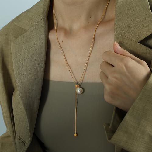 Pearl Lariat Necklace for Women Gold Silver Y lariat Pearl Necklace Long Pearl Sliding Necklace Adjustable Pearl Drop Necklace Thin Snake Chain Necklace Wedding Dress Jewelry
