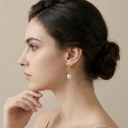 Pearl Earrings VeroSteel Dangle Earrings for Women, Dainty 14k Gold Huggie Hoop Earrings with Pearls, Trendy Pearl Drop Earrings, Stainless Steel Hypoallergenic Stud Earrings For Sensitive Ears - style: Cute Knot A