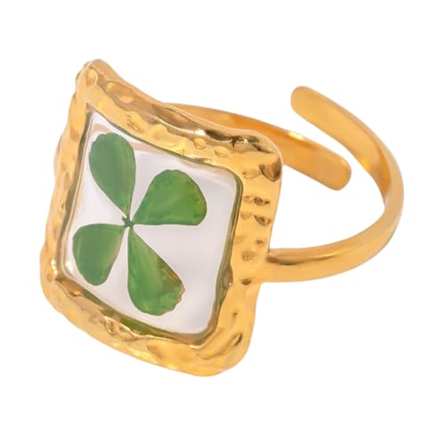 Hebelee Handmade Dried Flower Statement Ring for Women | Gold-Toned Stainless Steel,Adjustable,Pressed Blossom Forget-Me-Not Flowers Open Band Rings,Wedding Holiday Jewelry - color: Square Green Leaf