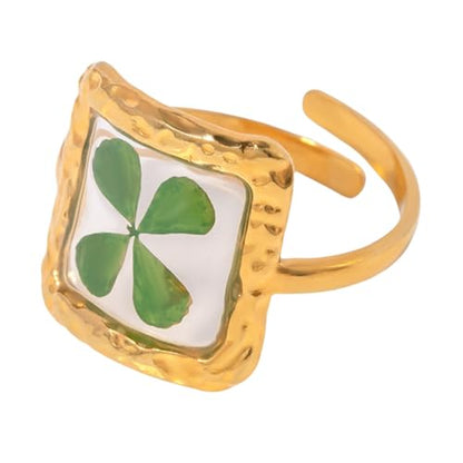 Hebelee Handmade Dried Flower Statement Ring for Women | Gold-Toned Stainless Steel,Adjustable,Pressed Blossom Forget-Me-Not Flowers Open Band Rings,Wedding Holiday Jewelry - color: Square Green Leaf