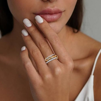 18K Gold-Plated Interlocked Ring for Women, Non Tarnish CZ Band | Interlocked inseparable one-piece ring for women. Triple & quadruple linked styles, non-tarnish CZ jewelry for daily wear - color: Gold