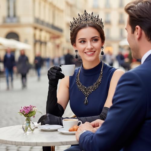 Tondiamo Bridal Jewelry Accessories Set Wedding Crystal Tiaras Crown Teardrop Necklace Earrings Satin Gloves for Women Queen Princess Birthday Prom Pageant Wedding Party - color: Black