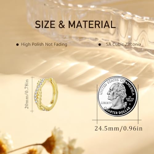 14K Gold Hoop Earrings for Women Thick Large Earrings Lightweight | Gold Plated Huggie Earrings for Women Hypoallergenic (with Gift Box) - color: Twisted CZ-20MM