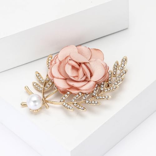 Handmade Elegant Red Rose Flower Brooch Pin for Women Crystal Pearl Fabric Flower Lapel Pin Dress Suit Accessories - color: Pink A