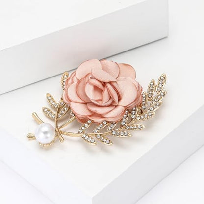 Handmade Elegant Red Rose Flower Brooch Pin for Women Crystal Pearl Fabric Flower Lapel Pin Dress Suit Accessories - color: Pink A