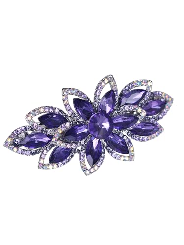 Floral Rhinestone Hairpin Luxury Crystal Flower Hair Barrette Clip (Purple) - color: Purple