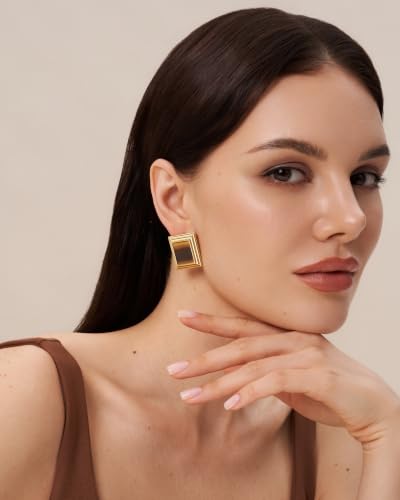 18K Gold Plated Burgundy Maroon Black Large Chunky Thin Ribbed Chamfered Square Geometric Dangle Stud Statement Earrings for Women by SNGIA , Big Tropical Button Bohemian Handmade Trendy Baroque Enamel Vacation Summer Chandelier Drop Jewelry Gifts, Rectan