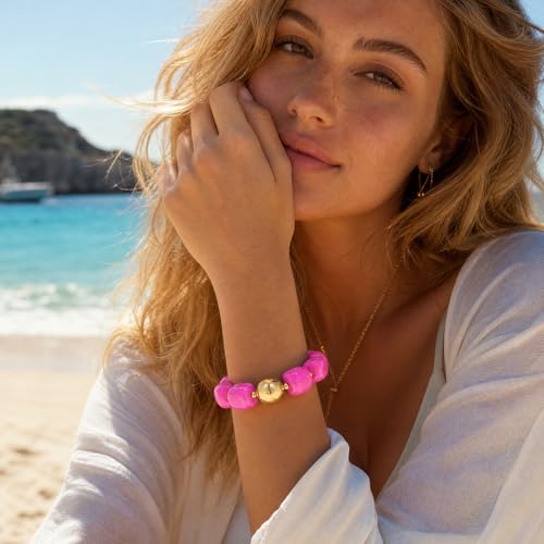 Multicolor Chunky Beaded Bracelet for Women Bold Acrylic Resin Stretch Bracelet Summer Beach Statement Bracelets Trendy Elastic Bangle Jewelry - color: Bead bracelet-rose red