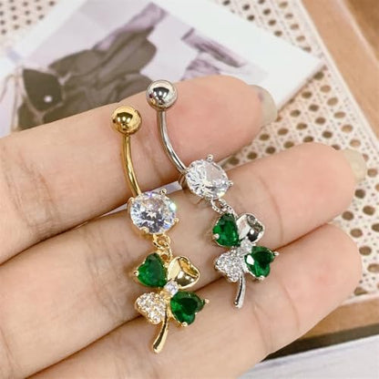 CZ Four Leaf Clove Belly Button Rings for Women Stainless Steel Green Crystal Belly Dangle Navel Piercing Barbell Studs Rings ST Patricks Day Irish Piercing Jewelry - color: Gold