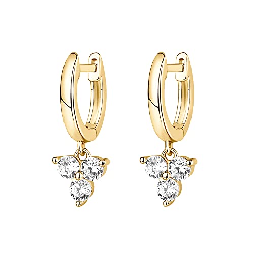 PAVOI 14K Gold Plated Huggie Hoop Earrings with Charms for Women - 925 Sterling Silver Posts Dainty Motif Huggie Hoop Dangle Earrings - Lightweight Dangle Drop Jewelry with Cubic Zirconia - style: Tri CZ