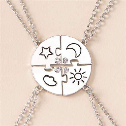 3pcs Friendship Moon Sun Star Puzzle Matching Necklace Set Gold Silver Plated Cute Crescent Round Circle Geometric Best Friend BFF Pendant Necklace for 3 Women Sisters Daughter Birthday Jewelry Gifts - color: 4pcs silver necklace