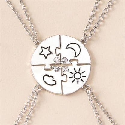 3pcs Friendship Moon Sun Star Puzzle Matching Necklace Set Gold Silver Plated Cute Crescent Round Circle Geometric Best Friend BFF Pendant Necklace for 3 Women Sisters Daughter Birthday Jewelry Gifts - color: 4pcs silver necklace