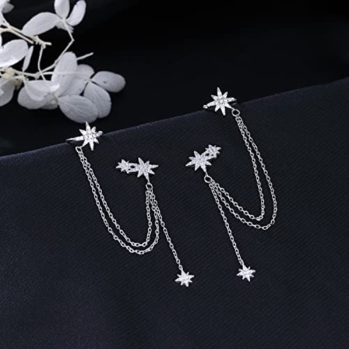 SLUYNZ 925 Sterling Silver Fashion Star Cuff Earring Chain for Women Star Crawler Earring Wrap Earrings - color: Pair-C-Silver