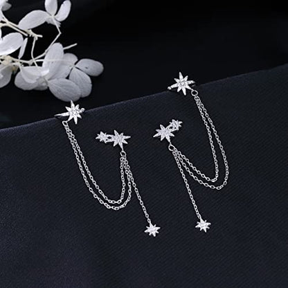 SLUYNZ 925 Sterling Silver Fashion Star Cuff Earring Chain for Women Star Crawler Earring Wrap Earrings - color: Pair-C-Silver