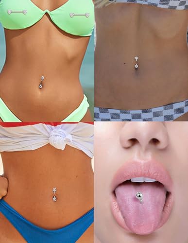Akeoqi 8 Pairs Nipple Rings Tongue Ring 14G Stainless Steel CZ Ball Heart Butterfly Nipple Straight Barbells Body Piercing Jewelry for Women Men Silver Rose Gold Plated 14mm - color: B:Silver, size: 14mm