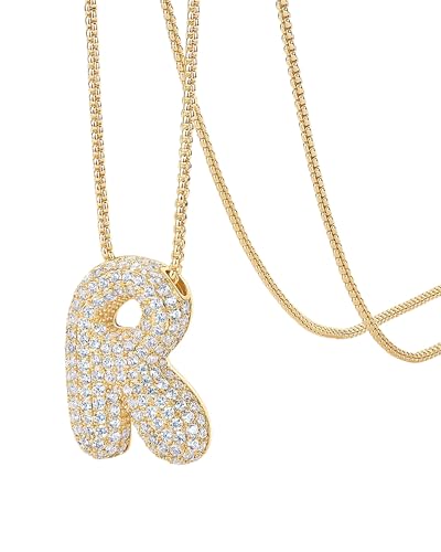 PAVOI 14K Gold Plated Cubic Zirconia Bubble Letter Initial Necklaces for Women | Gold Balloon Necklace Letter | Chunky Pendant Necklaces - style: -R