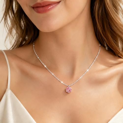 Women S925 Silver Necklace with Sparkling 3D Cubic Zirconia Pendant, Hypoallergenic Fashion Jewelry for Banquet and Wedding, Great Valentine’s Day and Mother’s Day Gift - color: Pink