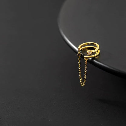 14K Gold Plated Double Layer Cuff Earring with Chain & Cubic Zirconia, Minimalist Dangle Ear Cuff for Women, No Piercing Needed