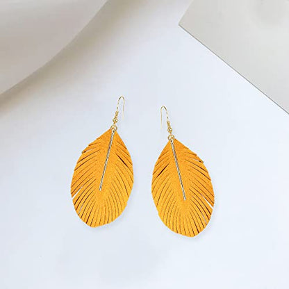 YUNXI Large Genuine Soft Leather Handmade Fringe Feather Lightweight Leaf with Simple Drop Metal Bar Tear Drop Dangle Color Earrings for Women - color: Yellow