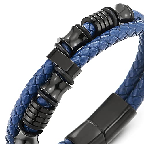 COOLSTEELANDBEYOND Mens Double-Row Braided Leather Bracelet Bangle Wristband with Black Stainless Steel Ornaments - color: L-Blue
