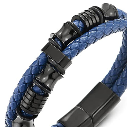COOLSTEELANDBEYOND Mens Double-Row Braided Leather Bracelet Bangle Wristband with Black Stainless Steel Ornaments - color: L-Blue