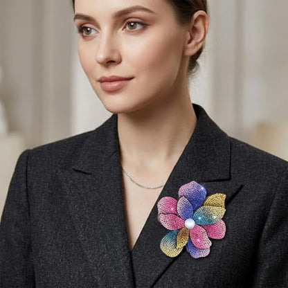 3.74 Inches Rhinestone Camellia Flower Brooch Pins & Hair Clips for Women Elegant Created Crystal Lapel Pin Brooches Wedding Party - color: Colorful