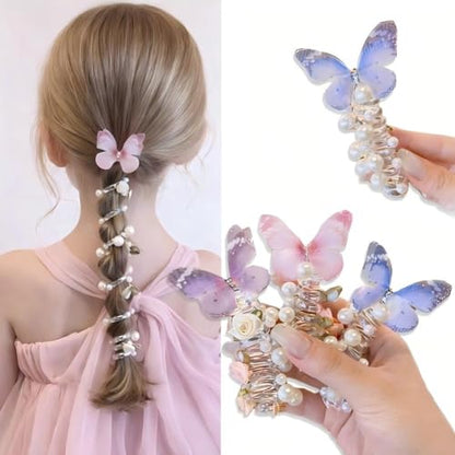 3 Pack Butterfly Spiral Hair Ties, Faux Pearl Coil Ponytail Holders for Girls Kids Hair Accessories