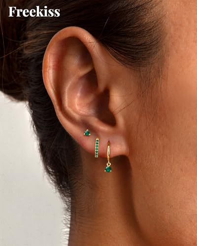 Freekiss 3 Pairs Hoop Earrings Set - Dainty Stud Dangle Cartilage for Women | Hypoallergenic Earrings, Cubic Zirconia Stackable Trendy Small Set Jewelry Gifts for Women - style: Emerald Style-GD
