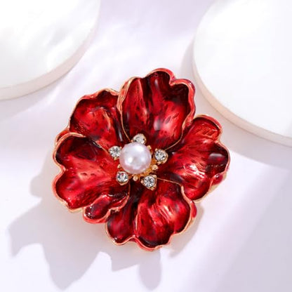 Rhinestone Flower Pin Camellia Drop Oil Brooch Big Large Rose Bouquet Brooch Pin Pearl Daisy Peony Brooch Lapel Pins Elegant Clothing Hat Bag Skirt Accessories for Women - color: Red