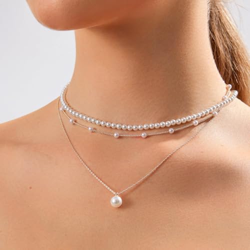 LULII Pearl Necklaces for Women 14K Gold Plated Dainty Layered Single Pearl Necklace Simple Daisy Pearls Choker Cute Gold Necklace Stack Jewelry Sets for Women Trendy Gifts - color: Silver-Layered Pearl