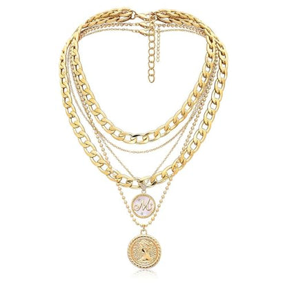 MJartoria Layered Necklaces for Women Trendy Retro Mother of Pearl Coin Letter Pendant Necklace Dainty Chunky Chain Choker Necklaces for Jewelry Birthday Gifts - style: M