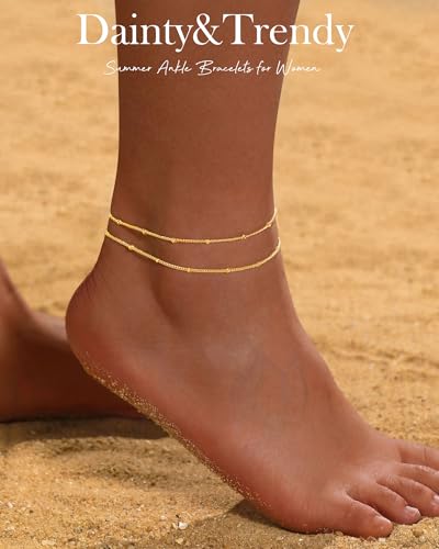 Gold Silver Ankle Bracelets for Women Waterproof 14K Gold Plated Anklets for Women Non Tarnish Dainty Layered Beaded Heart Anklet Set Summer Beach Foot Chain Jewelry Gifts Trendy Stuff - color: A- Beaded Anklets- Gold