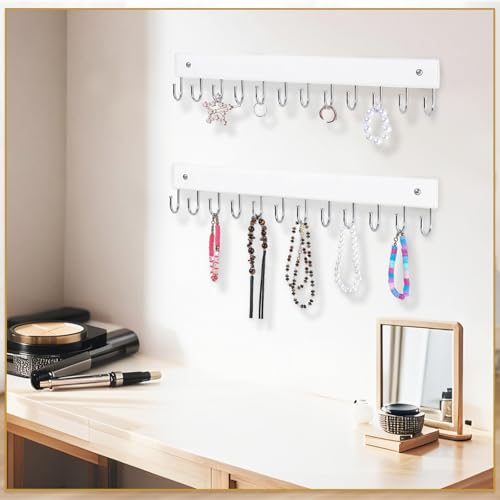 2 Pack Wall Necklace Organizer, Wooden Jewelry Holder, White, 24 Hooks | Real Wood; 24 Rotating Hooks; Wall Mount With Screws; Keeps Necklaces, Bracelets, Earrings, And Keys Organized - color: White