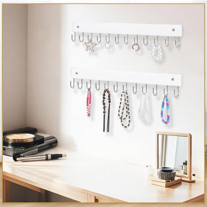 2 Pack Wall Necklace Organizer, Wooden Jewelry Holder, White, 24 Hooks | Real Wood; 24 Rotating Hooks; Wall Mount With Screws; Keeps Necklaces, Bracelets, Earrings, And Keys Organized - color: White