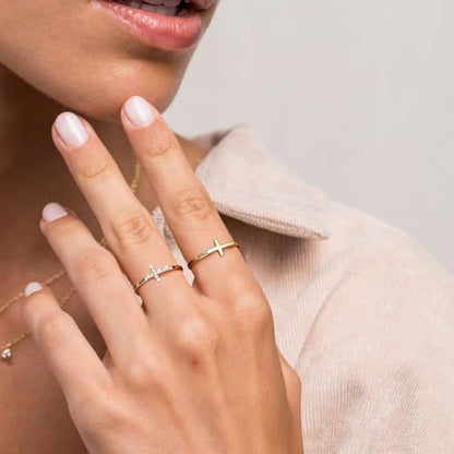 Foxgirl Cross Gold Rings for Women Non Tarnish, Dainty Trendy Stackable Ring Set 14k Gold Plated Thin Cz Cross Finger Rings for Women Non Tarnish Simple thumb Rings for Momen Gold Jewelry Size 5-10 | Dainty Thin Stackable Rings with Cross and CZ Details,