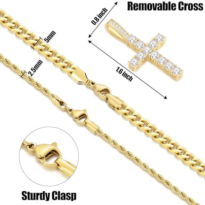 Fiusem Layered Cross Necklace for Men, Stainless Steel Cuban and Rope Chain | Silver Tone/14K Gold Plated Mens Necklace Chain with Cubic Zirconia Cross Pendant - color: Gold, size: 18/20 inches