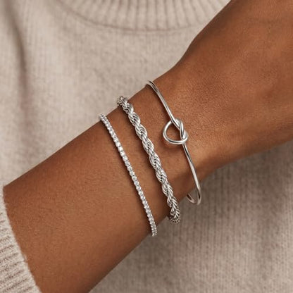 925 Sterling Silver Bracelets for Women Stack, Trendy Tennis Bangle Cuff Jewelry Set 14K Gold Plated, Adjustable Bracelet Set for Wrist Essentials, Women Fashion Watch Band Acecessories - style: Bracelet_3pcs(Dainty Tennis Set2-Silver)