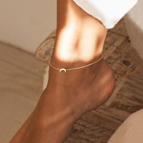 ChicSilver Personalized 925 Sterling Silver Tiny Heart/Moon/Star/Sun/Dot/Triangle Anklets Simple Dainty Foot Jewelry for Women, Silver/Gold Plated/Rose Gold Plated - style: Gold Moon