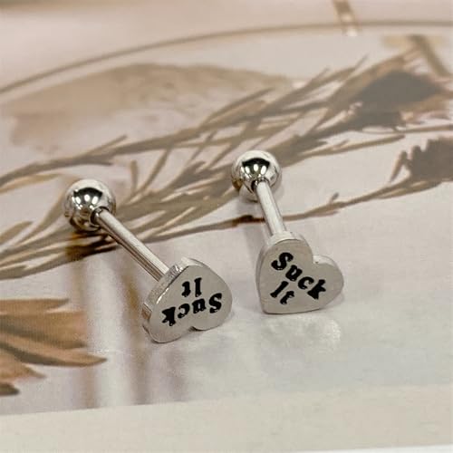 14G Heart Tongue Rings for Women Men Stainless Steel Letter Suck It Naughty Words Love Heart Straight Barbells Tongue Rings Piercing Jewelry