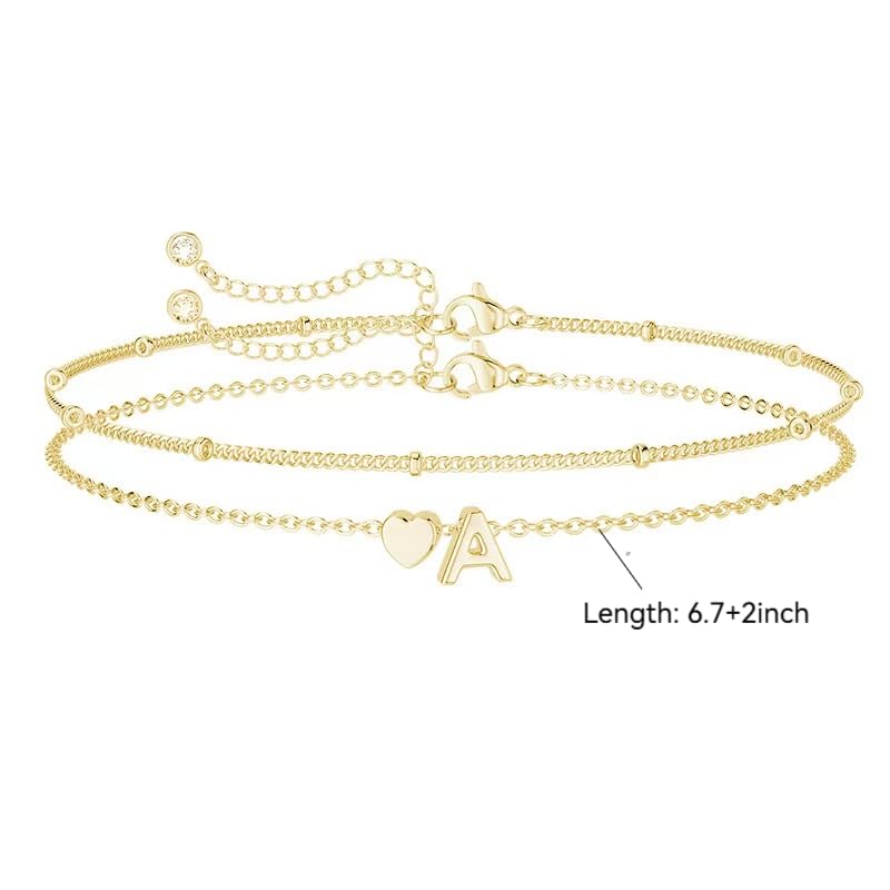 Gold Initial Bracelets for Women Trendy, Dainty Layered 14K Gold Plated Heart Letter Charm Bracelets, letter beads for name bracelets Jewelry Gifts - color: Gold-F